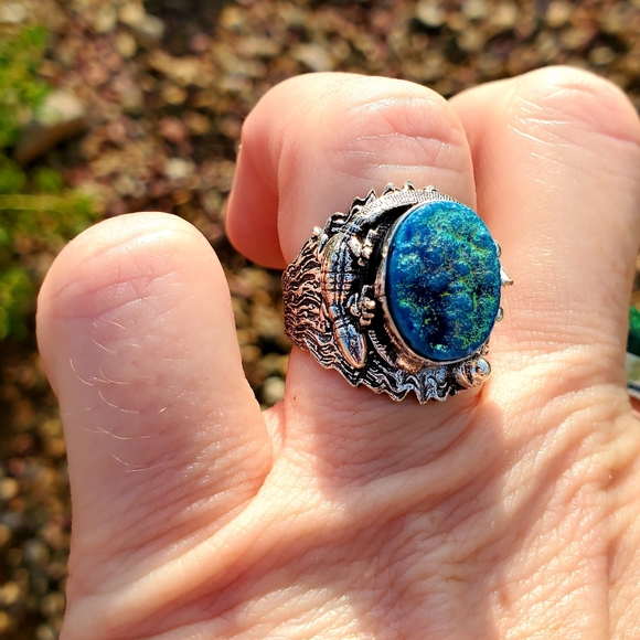 New Unique Blue Titanium Druzy Lizard Silver Ring. - Picture 8 of 12